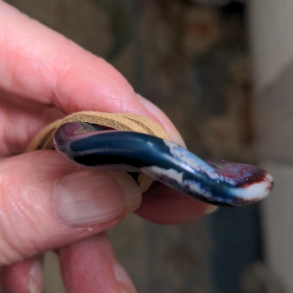 New Long Pendant Necklace, Handmade Pottery Donut,  38"+2" Two Suede Cords, Boho - Picture 8 of 9